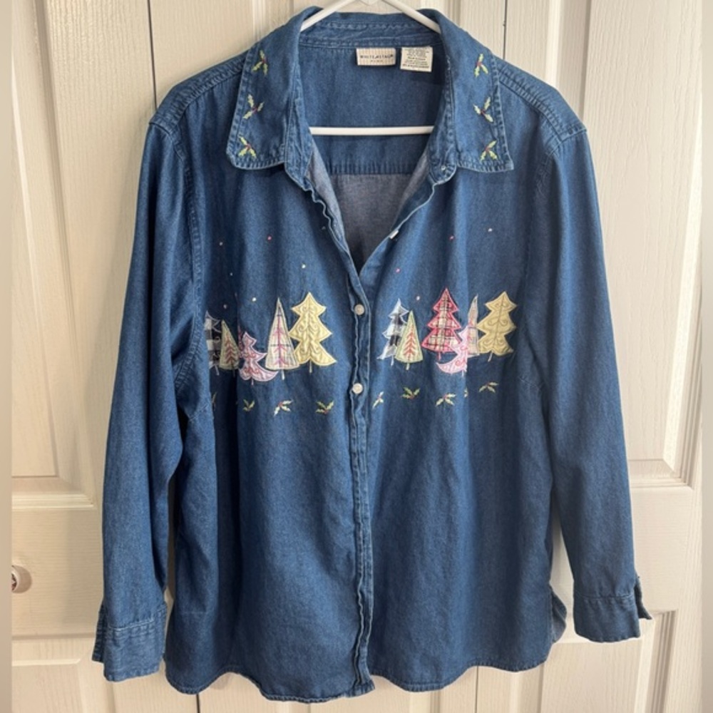 White Stag Denim Long Sleeve Button Up Christmas Tree Embroidered Size‎ 22W 24W